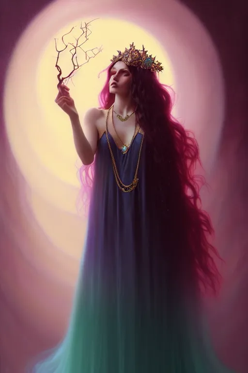 Image similar to ombre velvet gown, beautiful elegant dryad, portrait, dramatic light on face, long hair, tiara, dozens of jeweled necklaces, by greg rutkowski, brom, anato finnstark, alphonse mucha, oil painting, highly detailed, cinematic lighting, unreal,