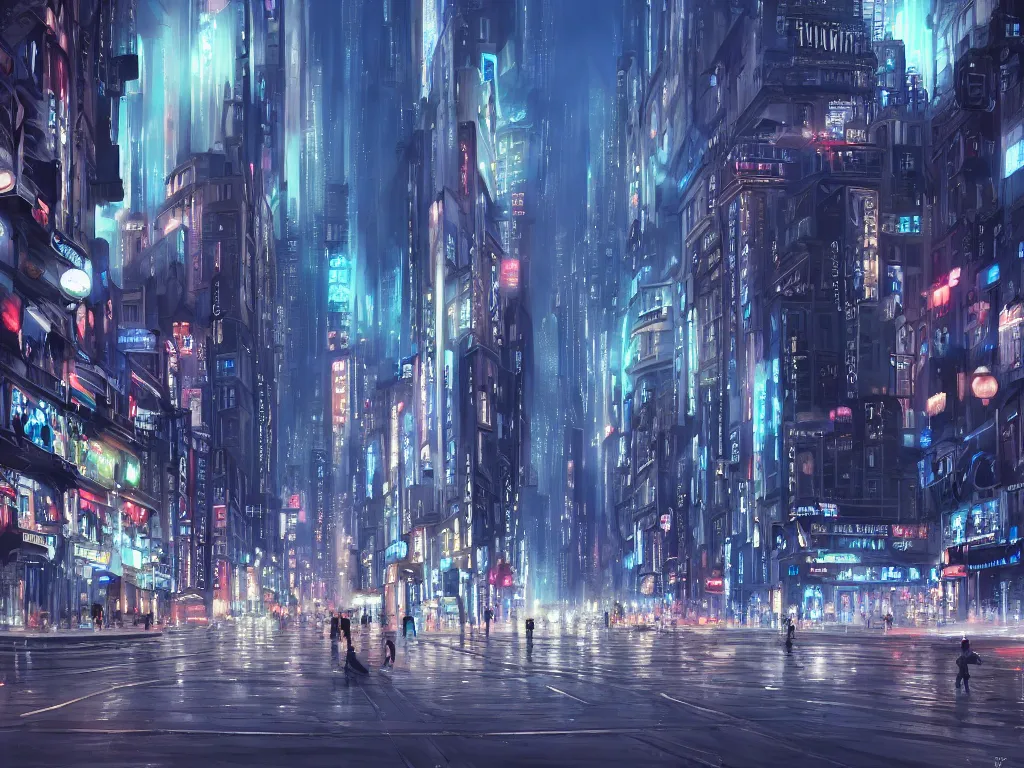 Prompt: beautiful matte painting of a busy city street with elegant buildings, vivid lights, art deco, street view, close up, futuristic, technological lights, screens, ads, fine detail, cinematic lighting, concept art, hyper focus, blue color scheme, hd wallpaper, hd display, by hugh ferris and noriyoshi ohrai and tsutomu nihei