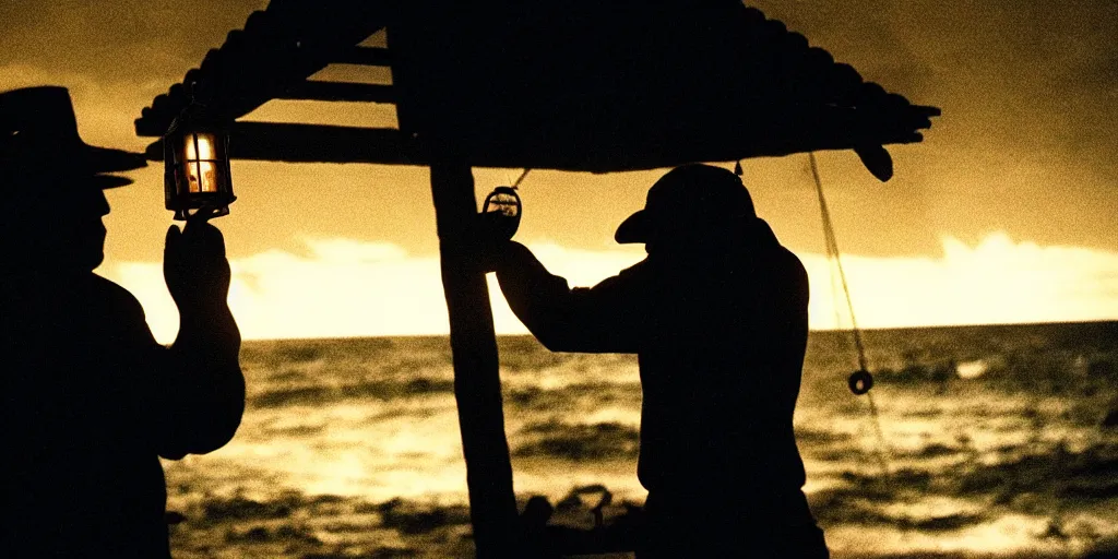 Image similar to film still of closeup old man holding up lantern by his beach hut at night. pirate ship in the ocean by emmanuel lubezki