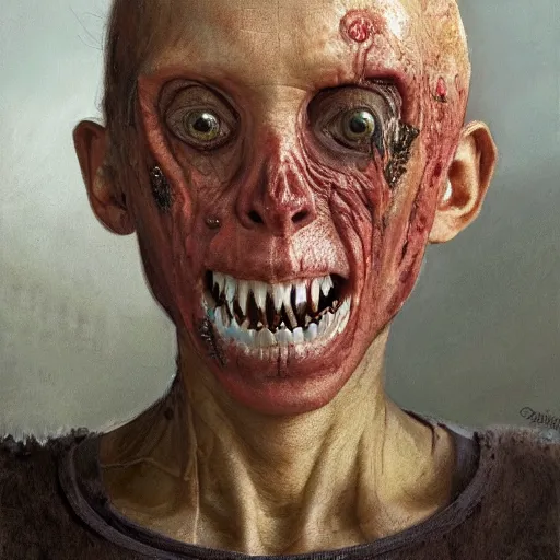 Image similar to a portrait of margarita simonyan, flesh eating worms, macabre, horror saw teeth, horror rotten teeth, peeling face skin, by donato giancola and greg rutkowski and wayne barlow and zdzisław beksinski, realistic face, visible face, digital art, artstation, symmetry