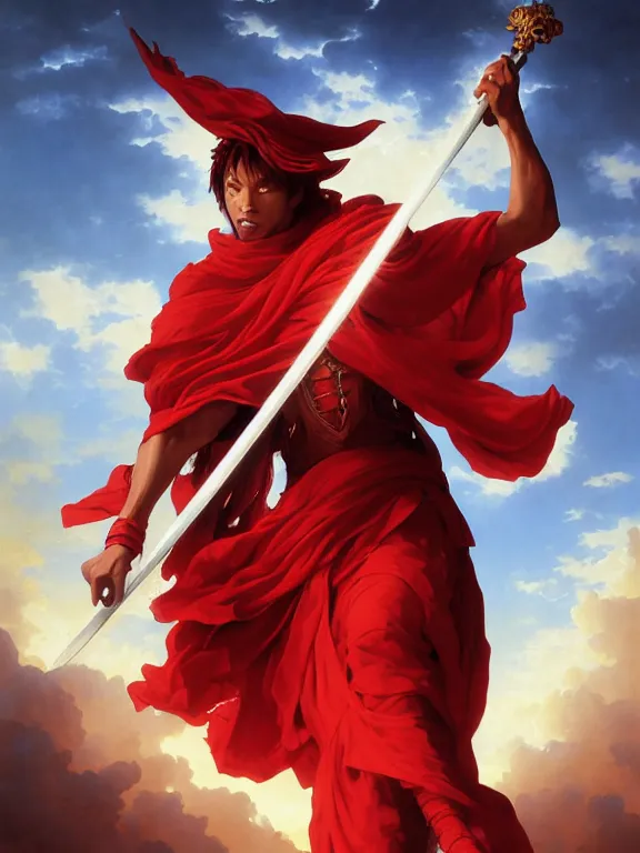 Image similar to A Portrait of a boisterous Red Mage wearing striped shining armor holding a staff of power surrounded by an epic cloudscape. The Magus Omega . Red Wizard. Morpheus. Symmetrical. masterpiece. 4k digital illustration. by Ruan Jia and Artgerm and Andreas Rocha and William-Adolphe Bouguereau and Jean-Baptiste de Champaigne. award winning, Artstation, intricate details, realistic, Hyperdetailed, 8k resolution. Concept Painting. Key Art