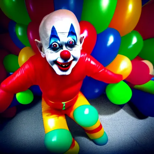 Prompt: photo of chased by a creepy clown in infinite corridors made of bouncy castle,