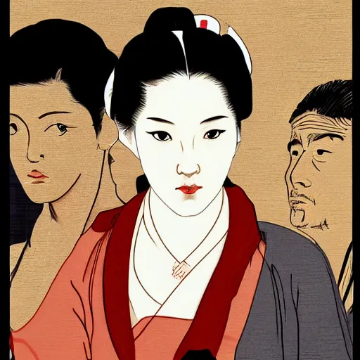 Image similar to cast of firefly, digital art, utamaro kitagawa mixed with banksy style