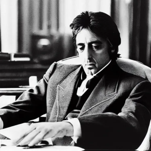 Image similar to al pacino in the godfather seated at his desk