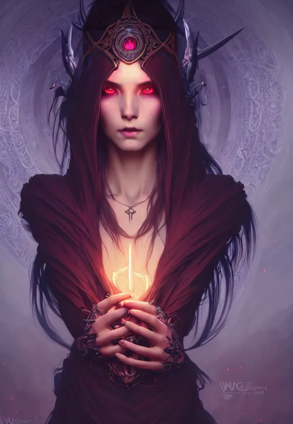 Image similar to Necromancer Sorceress in center, fantasy magic, undercut hairstyle, dark light night, intricate, elegant, sharp focus, illustration, highly detailed, digital painting, concept art, matte, art by WLOP and Artgerm and Greg Rutkowski and Alphonse Mucha, masterpiece