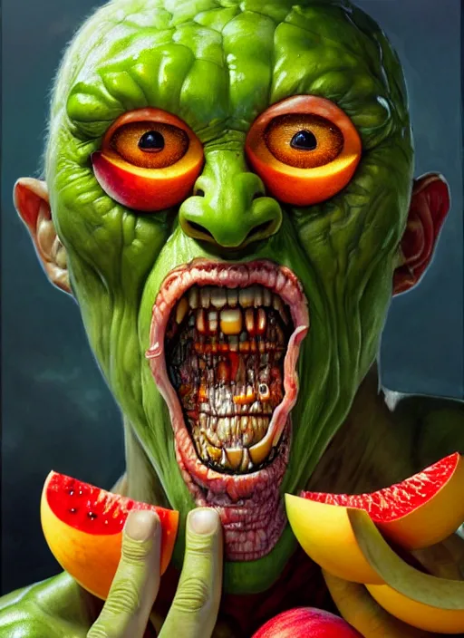 Prompt: an monster man in a white robe, green skin, covered in fruit, apples, oranges, bananas, intricate, highly detailed, concept art, hyperrealistic, oil painting by greg staples and tristan eaton, 8 k