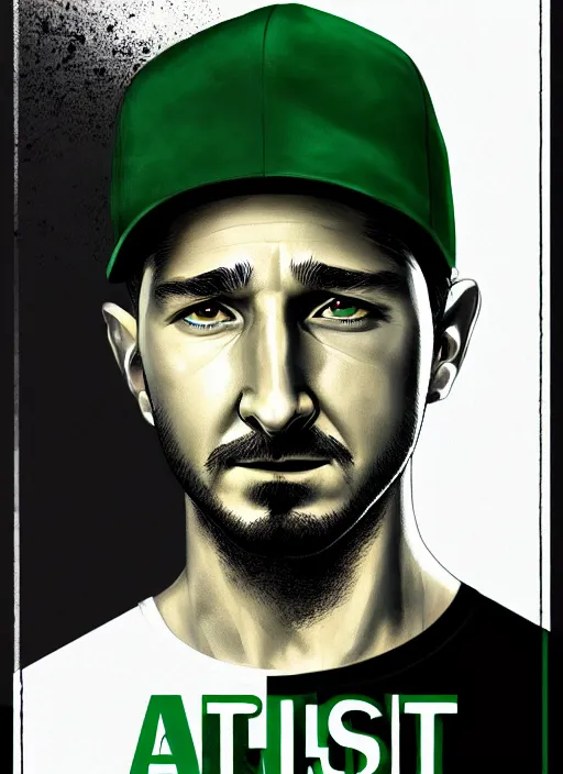 Image similar to highly detailed closeup portrait motivational poster of shia lebouf with large bold letter motivational words by greg rutkowski, by artgerm, gradient green, black and white color scheme, black border