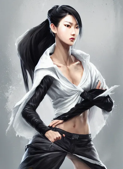 Prompt: a highly detailed illustration of fierce tall amazon messy ponytail black haired one armed delinquent japanese woman wearing white cap wearing long white jacket with cape, dramatic pose, muscular, perfect face, perfect body, intricate, elegant, highly detailed, centered, digital painting, artstation, concept art, smooth, sharp focus, league of legends concept art, wlop.