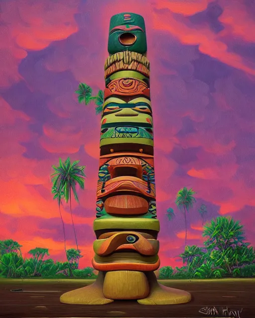 Prompt: a painting of a tribal tiki hut with a totem pole, a surrealist painting by Naoto Hattori, close up, sunset, by Beeple, symmetry, by Makoto Shinkai and Lois van baarle, trending on deviantart, pop surrealism, lowbrow,, whimsical