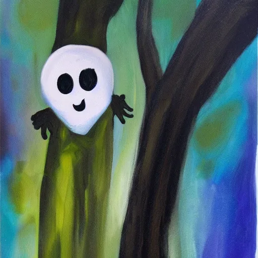 Image similar to a cute ghost in a dark gloomy forest oil paint brush strokes