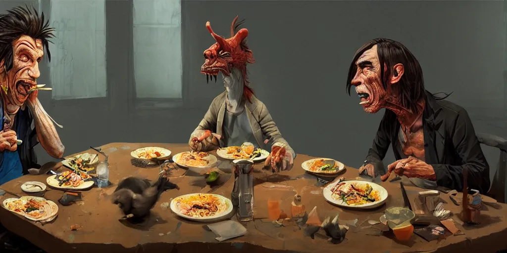 Prompt: cartoonish iggy pop eating dinner with tom waits, vivid colors, character sheet, fine details, concept design, contrast, kim jung gi, greg rutkowski, trending on artstation, 8 k, full body, turnaround, front view, back view, ultra wide angle