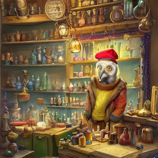 Image similar to Anthropomorphized parrot trader in his shop, selling his wares, portrait, items, magic potions, carpet, window, fancy hat, sly expression , cunning expression, cute expression, presenting wares, D&D, fantasy, cinematic lighting, highly detailed, digital painting, artstation, concept art, smooth, sharp focus, illustration, warm light, cozy warm tint, magic the gathering artwork, volumetric lighting, 8k, art by Akihiko Yoshida, Greg Rutkowski