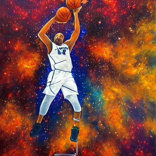 Image similar to an expressive oil painting of a basketball player dunking, depicted as an explosion of a nebula