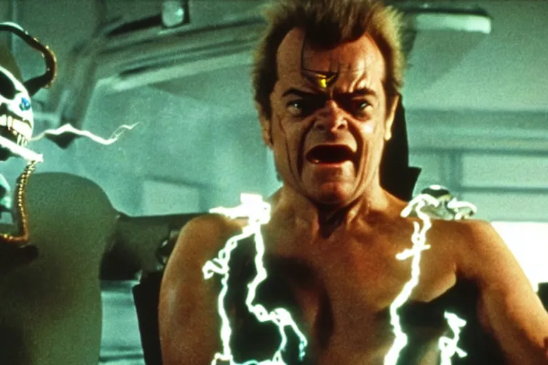 Prompt: Jack Nicholson plays Terminator Pikachu scene where his endoskeleton gets exposed and his eye glow read still from the film