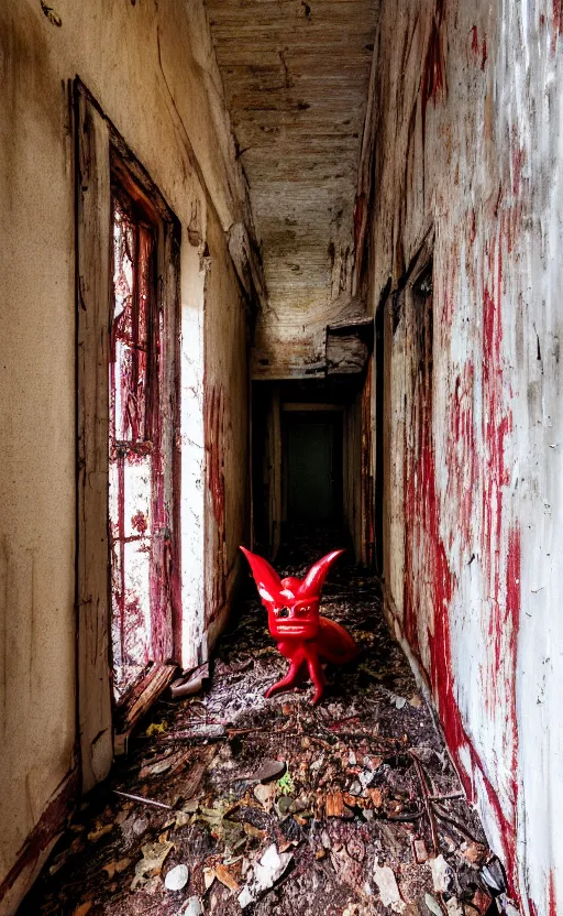 Image similar to high quality photo of a slimy red monster in the hallway of an old abandoned victorion house