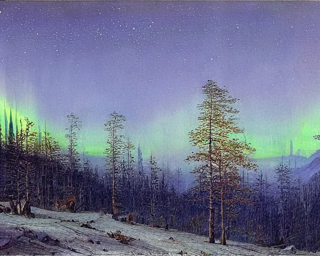 Prompt: forest, mountains, northern lights, nightsky with stars, matte painting, romantic impressionism, painted by Caspar David Friedrich