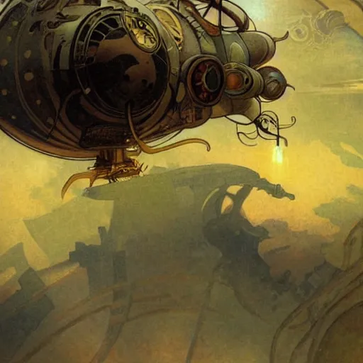 Prompt: a steampunk airship emerges over the horizon of an alien planet, artwork by alphonse mucha, dramatic lighting, brushstrokes, paper texture.