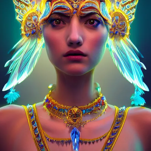 Image similar to portrait highly detailed beautiful symmetrical face high priestess water nymph intricate elegant detailed crystal jewellery with tribal feathers, lush colourful volumetric lighting, digital painting, concept art, smooth, sharp focus 3 d, divine realm of gods, realistic cinematic style, octane render, photographic, unreal engine 8 k