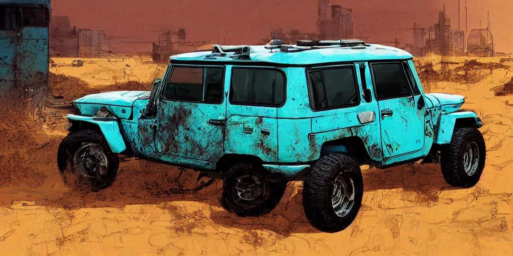 Image similar to digital illustration of a futuristic faded cyan mad max's fj 4 0 decrepit!!!! pursuit special, rusty!!! cyberpunk nissan fj cruiser heavily modded 1 9 9 0 s, the last v 8 interceptor by makoto shinkai, ilya kuvshinov, lois van baarle, rossdraws, basquiat