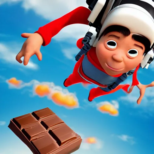 Image similar to a boy with a jetpack flying above a sea of chocolate, white background, pixar animation style,