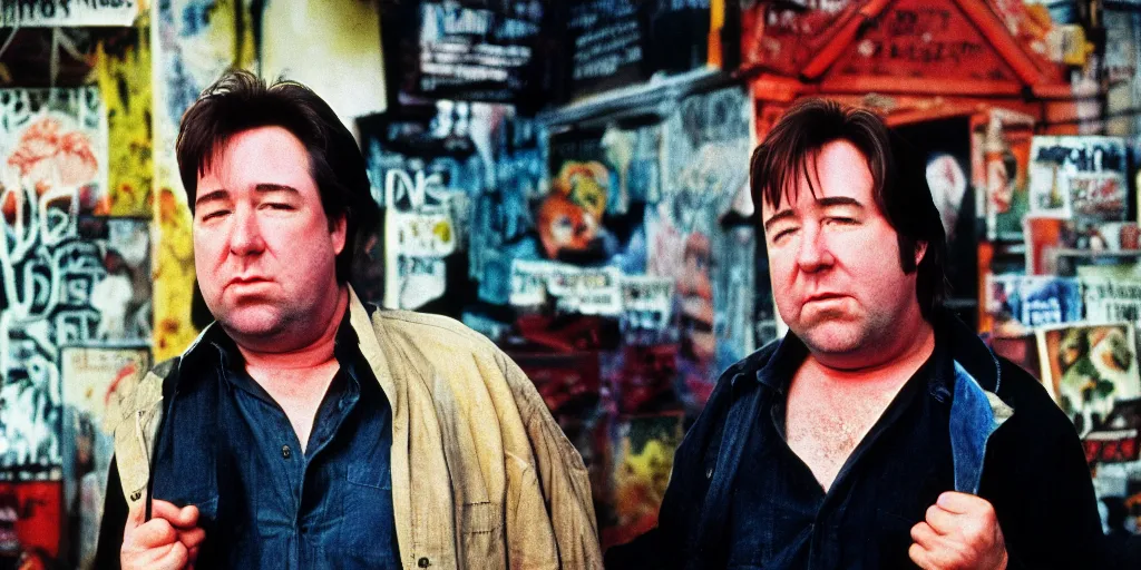 Image similar to award winning photo of BILL HICKS meats a friend in new york, vivid colors, happy, symmetrical face, beautiful eyes, studio lighting, wide shot art by gregory crewdson and francis bacon