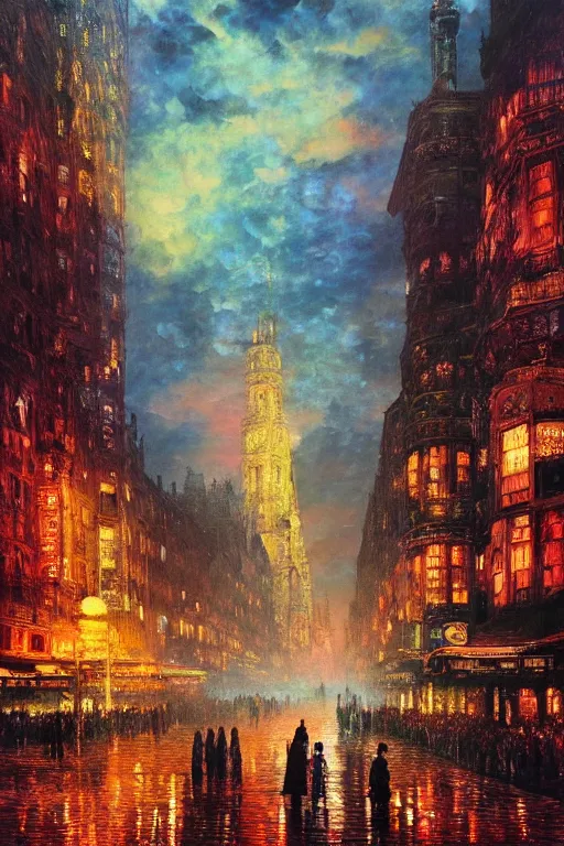 Prompt: the crowned king in disguise, looking down on the crowded streets of the city of blood and prisms, night skies, dramatic light, hyperrealistic, colorful skies, digital art, vray, john atkinson grimshaw, leonid afremov, wayne barlowe