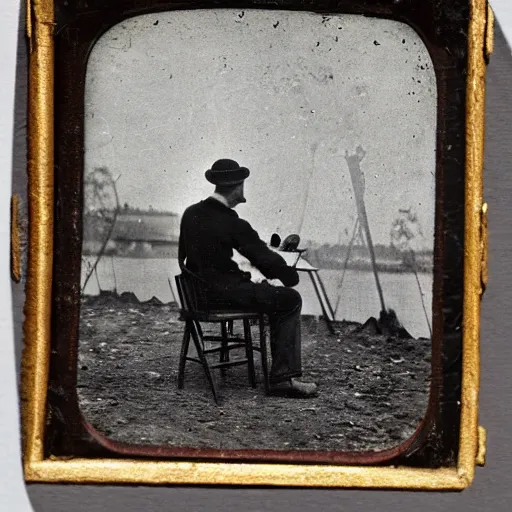 Image similar to 1 9 th century photo of vincent van gogh painting plein air in new york, tin type