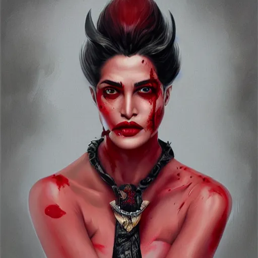 Prompt: portrait of priyanka karki upper body in bloody business suit, blood red eyes, vampire fangs, fantasy, intricate, elegant, highly detailed, digital painting, artstation, concept art, matte, sharp focus, illustration, art by aenaluck and roberto ferri and greg rutkowski, epic fantasy, digital painting