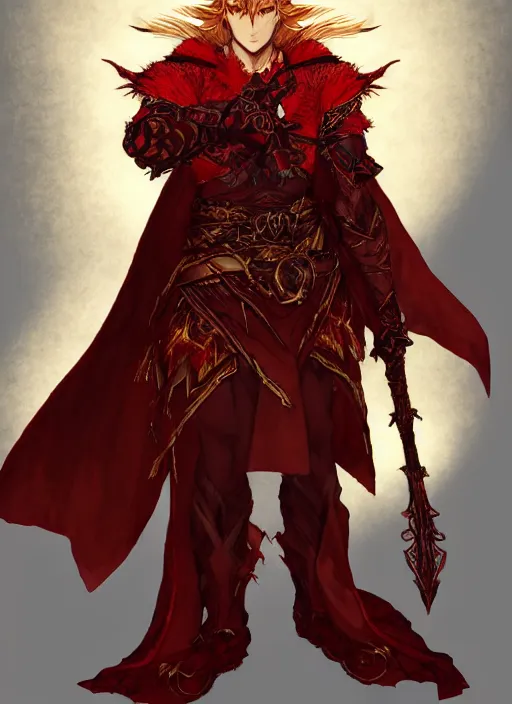 Image similar to Half body portrait of a handsome red haired elven monk prince with dragon eyes, staff and red and golden robe. In style of Yoji Shinkawa and Hyung-tae Kim, trending on ArtStation, dark fantasy, great composition, concept art, highly detailed.