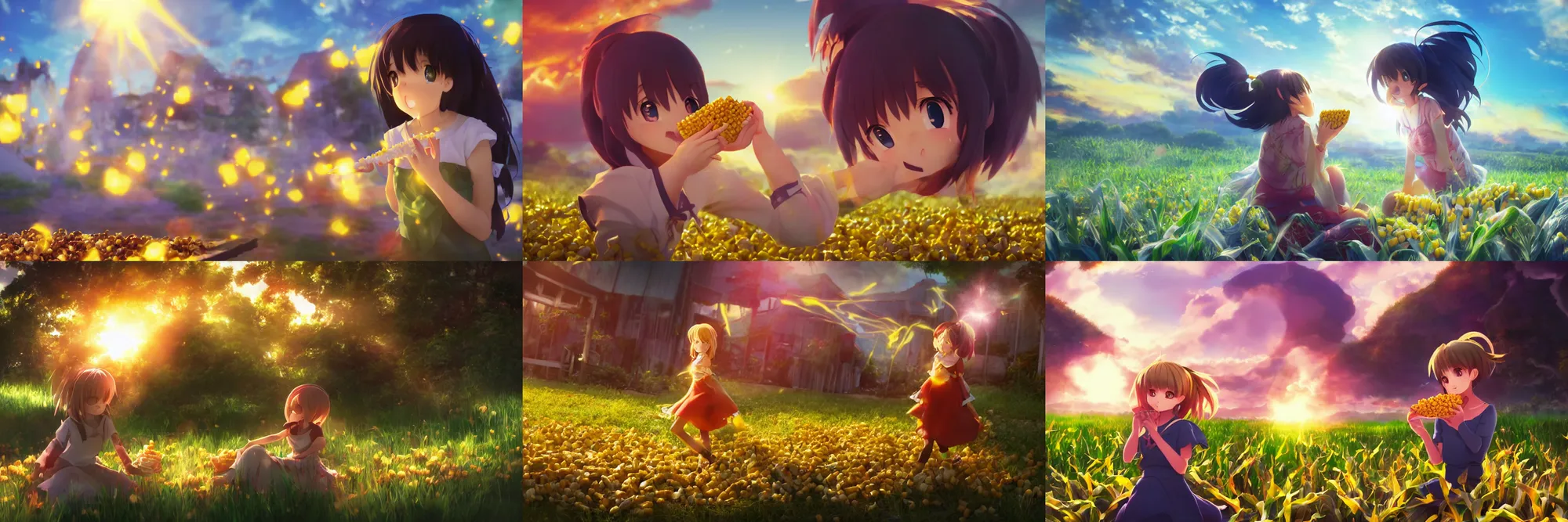 Prompt: kawaii girl eating corn, behind is corn heaven, epic cinematic still, dynamic perspective, anime style, beautiful volumetric light