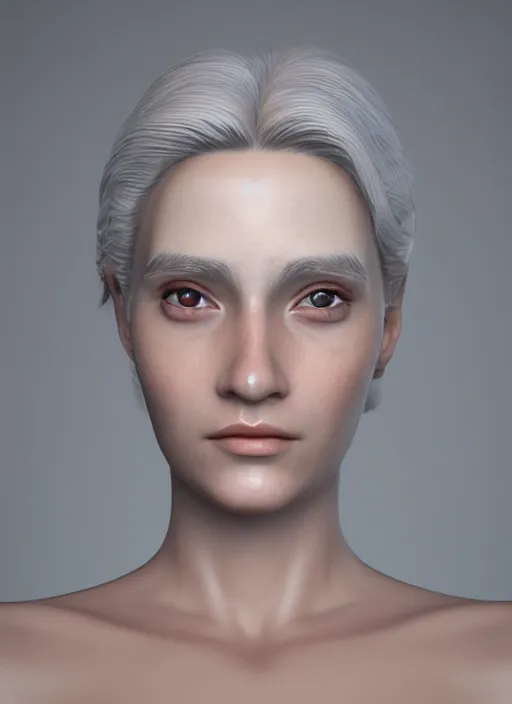 Image similar to 3 d render, hyper detailed, realistic female face and shoulders, white skin made from painted porcelain, white hair, fine facial features, white eyes and eyelashes, 8 k, 1 5 0 ml lens, elegant, white background pastel blue lighting, octane render, volumetric lighting,