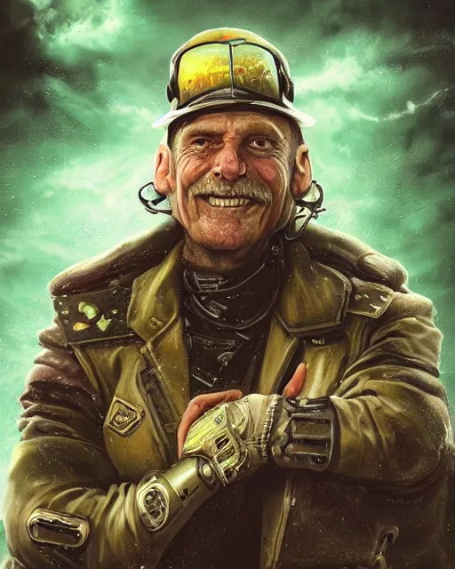 Prompt: an intimate portrait of a gnarly human cyberpunk captain, old skin, faded hat, charming, strong leader, green eyes, a look of cunning, big smile, detailed matte fantasy painting, the planets and storms behind him