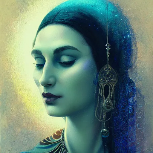 Image similar to old Desi majestic lady guru, looking upwards, despair, kneeling, mystic, blue, by Anato Finnstark, Tom Bagshaw, Brom