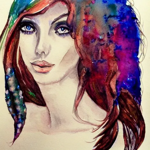 Prompt: detailed portrait of a beautiful mermaid, with long hair watercolor,