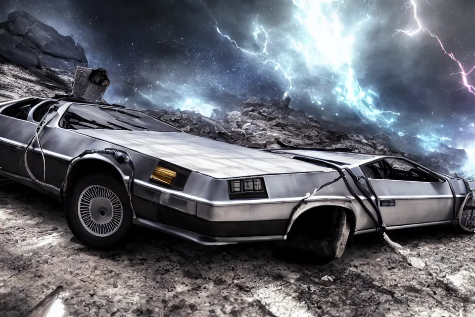 Image similar to ultra realistic delorean dmc 5 drifting on remote ancient highway wreckage in space, dark cinematic, volumetric, realistic, 3 d render, realistic render, cinematic lighting, volumetric lighting, atmospheric, cinematic, unreal engine 5, unreal engine render, octane render, hd, photorealism, hyper realistic, 8 k