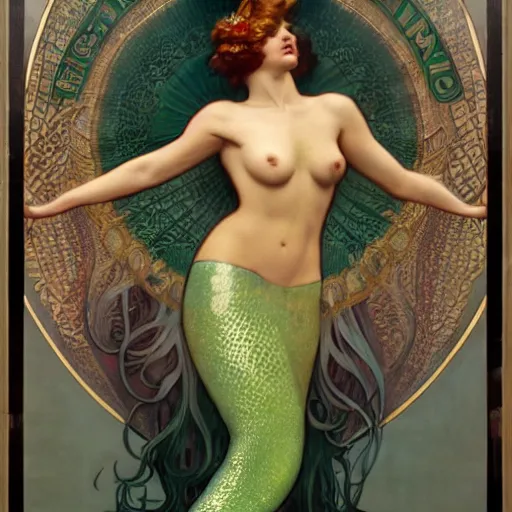 Image similar to full body pose, hyperrealistic oil painting of beautiful starbucks mermaid, dim volumetric lighting, art nouveau, by mucha and elvgren. extremely hyper detailed, intricate, epic composition, cinematic lighting, masterpiece, trending on artstation