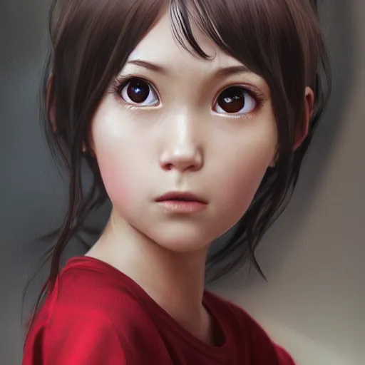 Image similar to Full body, clothed. realistic style at CGSociety by WLOP, Ilya kuvshinov, Krenz Cushart, Greg Rutkowski, trending on artstation. Realistic fantasy cute indigenous brunette Pixar-style young girl, expressing joy, silky hair, wearing a red-sleeved white t-shirt with jeans, she has fire powers, Cinematic dramatic atmosphere of a mystic forest, sharp focus, soft volumetric studio lighting.