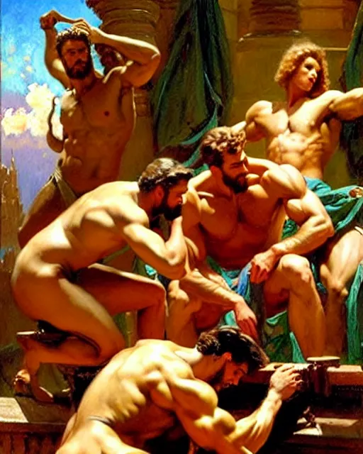 Image similar to muscular zeus watches closely as a handsome, attractive male doctor performs surgery on a patient, bright colors, painting by gaston bussiere, craig mullins, j. c. leyendecker