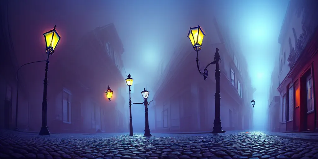 Prompt: curved perspective, extreme narrow, extreme fisheye, digital art of a night foggy street with curled victorian street lamps over cobblestone floor by anton fadeev from nightmare before christmas