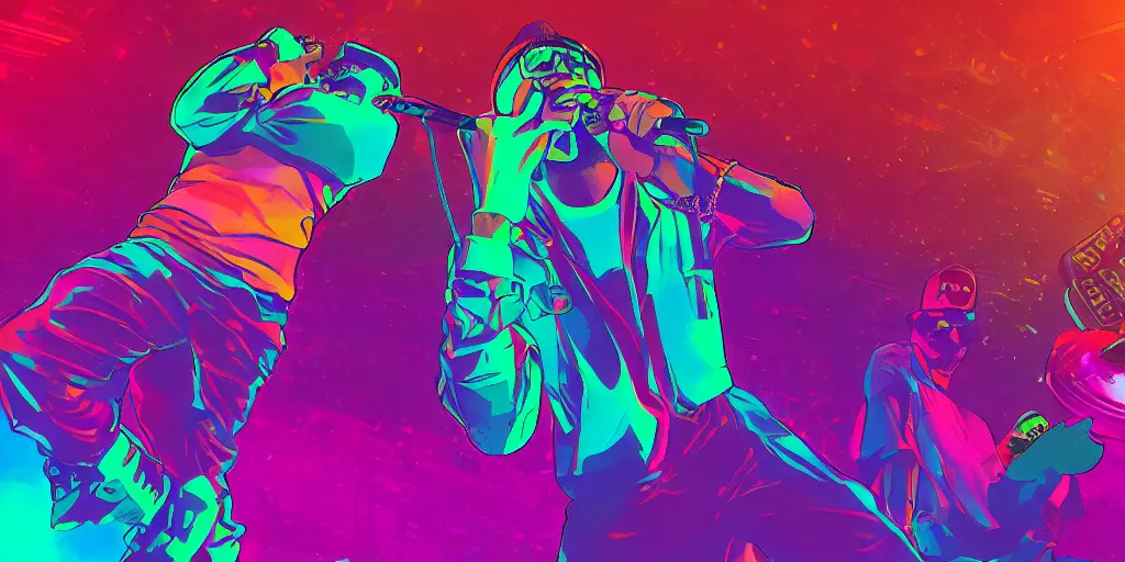 Image similar to rapper performing on stage, seen from waist up, to the side, digital art, vapor wave, hip hop, psychedelic, trending on Artstation, professional artist, detailed, 4k