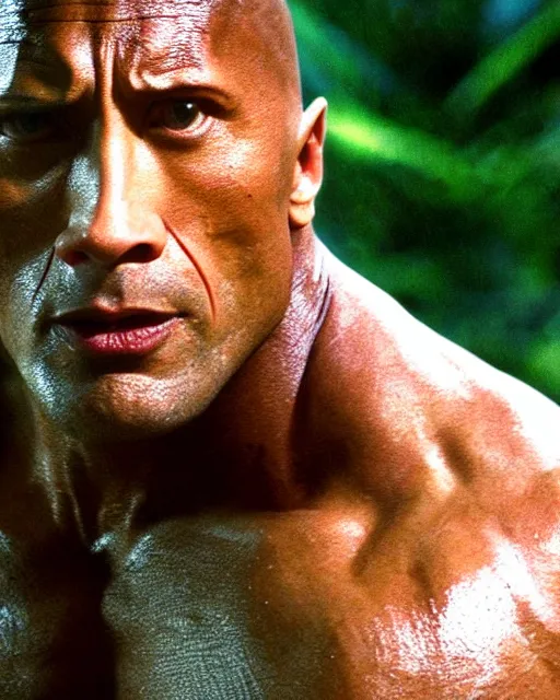 Image similar to film still close - up shot of dwayne johnson from the movie predator. photographic, photography