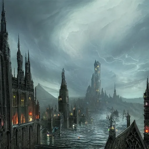 Image similar to an ultra detailed matte painting of a lonely and impossibly tall ominous gothic dark citadel tower of the evil patriarch, in the style of magic the gathering, in a river elevated high above the city, flintlock fantasy capital city, ultrawide lense, aerial photography, scary thunderstorm, exquisite detail, 8 k, art by greg rutkowski and alphonse mucha