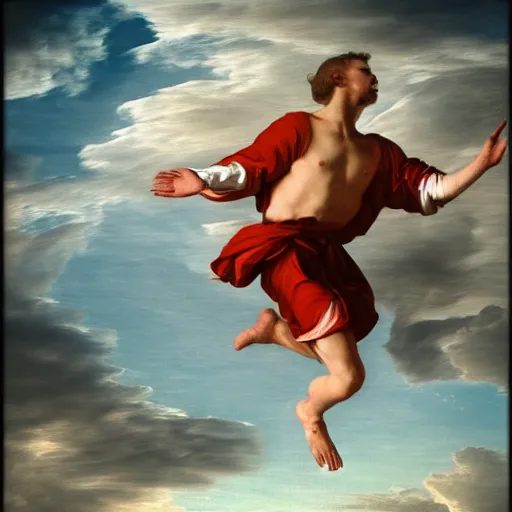 Image similar to running and falling on clouds, 4k, post-processing, detailed, Renaissance painting