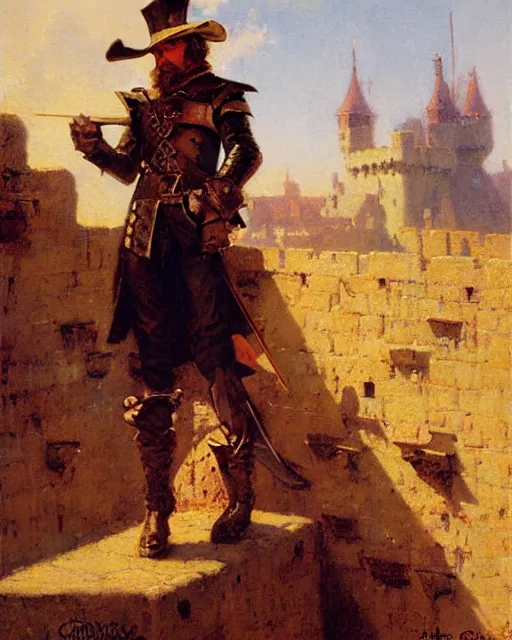 Image similar to attractive musketeer watches an army approach, he is on a castle wall, painting by gaston bussiere, craig mullins, j. c. leyendecker