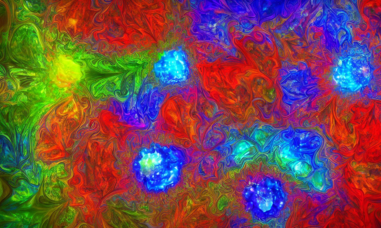 Image similar to acrylics blob voronoi engine laboratory 3 d volume kaleidoscope mandala fractal chakra digital multicolor stylized concept substance liquid nebula stone, a spectacular view cinematic rays of sunlight comic book illustration, by john kirby radiating a glowing aura global illumination ray tracing hdr depth fog overlay multiply photoshop layer