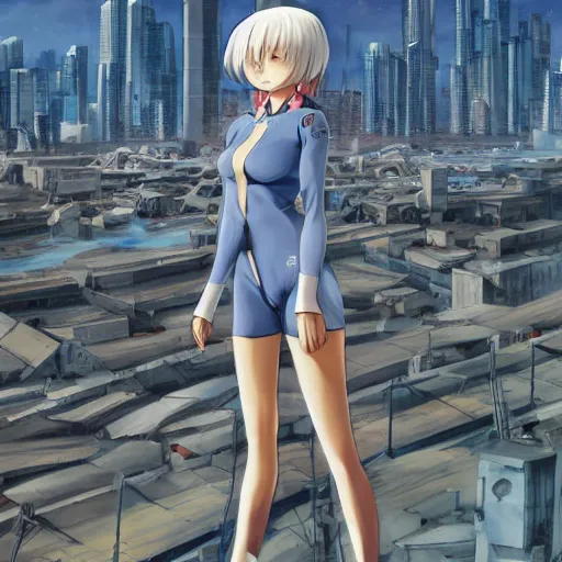 Prompt: anime art, anime fullbody shot of female rei ayanami, long blue hair and large eyes, finely detailed perfect face, in a modern skintight plugsuit, laying on a rooftop, flooded metropolis in ruins, red sea, trending on pixiv fanbox, evangelion, extremely high quality artwork by ilya kuvshinov