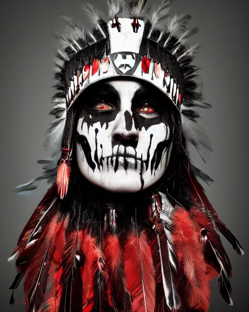 Image similar to the ghost - spirit of the grim - warpaint wears the scarlet skull armor and native blood headdress feathers, midnight fog - mist!, cinematic lighting, various refining methods, micro macro autofocus, ultra definition, award winning photo