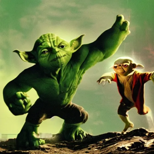 Image similar to a mix between Hulk and Yoda and Dobby and Gollum fighting robots, center frame medium shot, shot on technicolor cinemascope 35mm anamorphic lense, flare