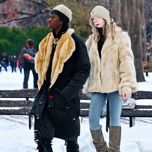 Prompt: travis scott dating anya taylor joy in central park at winter, photorealistic, dynamic light, ultra detailed, paparazzi photo