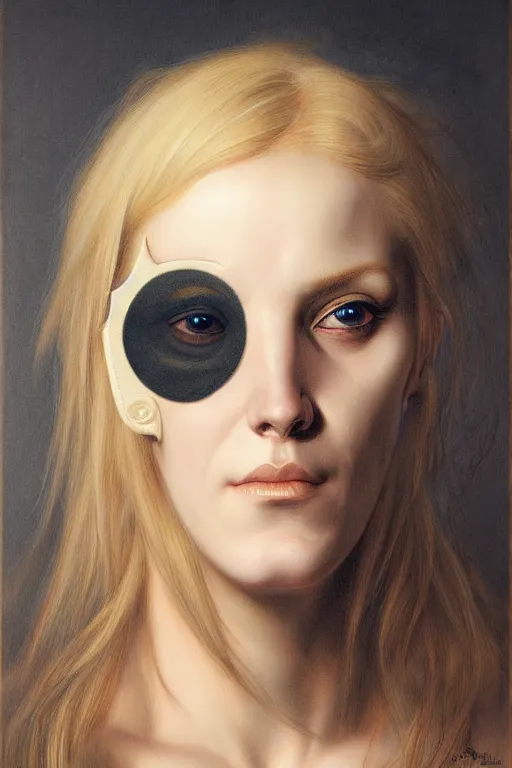 Prompt: hyper realistic portrait of blonde girl with an eyepatch in the style of wayne barlowe, gustav moreau, goward, bussiere, roberto ferri, santiago caruso, luis ricardo falero, austin osman spare